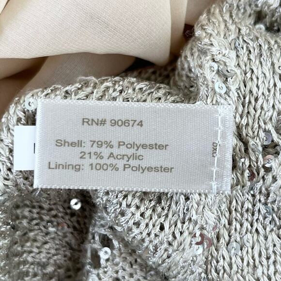 Boston Proper Sequin Embellished Open Knit Sweater Chiffon Lining in Cream, Sz M - Picture 10 of 11